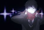  1boy hands_on_neck jumping_dogeza kyoukai_no_kanata male_focus monochrome nase_hiroomi scarf school_uniform simple_background solo sparkle spot_color upper_body 