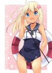  1girl blonde_hair blue_eyes crop_top flower hair_flower hair_ornament highres inoopy kantai_collection lifebuoy long_hair open_mouth ro-500_(kantai_collection) sailor_collar school_swimsuit swimsuit swimsuit_under_clothes tan tanline 