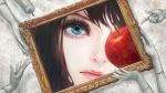  1girl afrostar apple bangs blue_eyes close-up closed_mouth eyelashes eyes food frame fruit hair_between_eyes hands highres looking_at_viewer magata_shiki mannequin one_eye_covered out_of_frame pointing red_lips solo subete_ga_f_ni_naru 