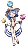  1girl alternate_headwear black_swimsuit blue_hair bracelet chibi closed_eyes clothes_writing collar earth flower hat hat_flower hecatia_lapislazuli hemogurobin_a1c jewelry moon o-ring_swimsuit open_mouth sling_bikini smile solo sun_hat swimsuit touhou towel 