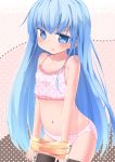  1girl blue_eyes blue_hair bra flat_chest fujiwara_gacho highres long_hair navel open_mouth original panties polka_dot polka_dot_bra polka_dot_panties shirt shirt_pull solo thigh-highs training_bra underwear underwear_only undressing very_long_hair 