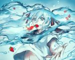  1girl air_bubble blue_eyes blue_hair bottle_miku fish food food_in_mouth fruit goldfish hair_ribbon hatsune_miku liquid_hair long_hair mouth_hold outstretched_arm p-nekor ribbon school_uniform serafuku solo strawberry tears underwater upshirt very_long_hair vocaloid 