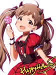  1girl ahoge artist_request brown_eyes brown_hair candy demon_tail dress hakozaki_serika happy_halloween idolmaster idolmaster_million_live! lollipop puffy_short_sleeves puffy_sleeves red_dress short_sleeves smile solo tail twintails 