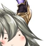  &gt;:) 1girl =_= bangs blush chibi closed_eyes face granblue_fantasy grey_hair hair_between_eyes horns long_hair lowres peeking_out sarasa_(granblue_fantasy) simple_background smile solo suwi upper_body white_background 