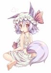  1girl alternate_costume animal_ears ass_cutout back bare_shoulders barefoot dress feet fox_ears fox_tail full_body ging1993 hat hat_ribbon heart highres kemonomimi_mode lavender_hair looking_at_viewer looking_back mob_cap mouth_hold red_eyes remilia_scarlet ribbon short_hair simple_background sitting sleeveless solo tail touhou white_background 