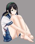  1girl bare_legs barefoot black_hair chin_rest glasses green_eyes grey_background hair_between_eyes hip_vent kantai_collection knees_up leg_hug ojipon ooyodo_(kantai_collection) panties pensive simple_background sitting solo underwear white_panties 