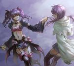  2girls aisha_(elsword) bandeau black_legwear black_skirt coat dual_persona elemental_master_(elsword) elsword gloves midriff miniskirt multiple_girls navel purple purple_background purple_hair redclow short_hair skirt smile thigh-highs twintails void_princess_(elsword) white_eyes 