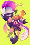  1girl bike_shorts boots camouflage domino_mask inkbrush_(splatoon) inkling jacket long_hair mask open_mouth paintbrush pointy_ears simple_background sizma solo splatoon tentacle_hair 
