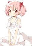  1girl blush dress hair_ribbon highres kaname_madoka mahou_shoujo_madoka_magica pink_eyes pink_hair ribbon short_hair short_twintails smile solo tagme tsubaki_(tatajd) twintails 