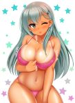  1girl ;p aqua_hair between_breasts bikini blush breasts cleavage gradient hair_ornament hairclip japanese jewelry kantai_collection large_breasts long_hair navel one_eye_closed pink_bikini shintarou_(multi0319) single_earring solo star starry_background suzuya_(kantai_collection) swimsuit tan tanline tongue tongue_out 
