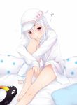  1girl bare_legs barefoot chestnut_mouth hammer_and_sickle hat hibiki_(kantai_collection) highres kantai_collection kiyomin long_sleeves pillow shirt sitting solo star stuffed_animal stuffed_toy verniy_(kantai_collection) violet_eyes white white_background white_hair white_shirt 