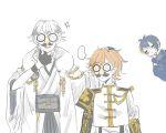  ... 3boys =_= armor black_gloves blue_hair blush fingerless_gloves funny_glasses glasses gloves hand_on_another&#039;s_head hand_on_own_face highres hood japanese_armor japanese_clothes mikazuki_munechika military military_uniform monoyoshi_sadamune multicolored_hair multiple_boys open_mouth orange_hair pom_pom_(clothes) short_hair simple_background sketch sode speech_bubble spoken_ellipsis streaked_hair touken_ranbu tsurumaru_kuninaga uniform white_background white_hair yucann 