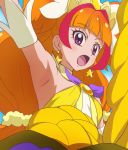  1girl amanogawa_kirara arm_up armpits bare_shoulders cure_twinkle earrings go!_princess_precure haruyama_kazunori jewelry long_hair magical_girl multicolored_hair open_mouth orange_hair precure redhead solo star star_earrings twintails two-tone_hair violet_eyes 