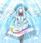  1girl alternate_color alternate_hair_color angel_wings apron black_legwear blue_background boots bow closed_eyes commentary_request dress feathered_wings floating frilled_dress frills from_below g-tenko-r hat highres hinanawi_tenshi light_rays long_hair m.u.g.e.n open_hands outstretched_arms parted_lips patterned_background rainbow_order rion_(glayjirobass) short_sleeves solo touhou very_long_hair white_dress white_hair white_wings wings 