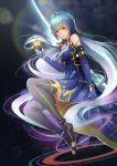  1girl blue_hair dress elbow_gloves floating floating_hair floating_object gloves highres long_hair looking_at_viewer solo space star_(sky) thigh-highs very_long_hair vocaloid xiaosan_ye xingchen yellow_eyes 