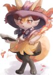  :o animal_ear_fluff animal_ears blush book bow braixen capelet commentary fire fox_ears full_body gen_6_pokemon hat highres holding holding_book ikei looking_to_the_side open_mouth pokemon pokemon_(creature) pokemon_(game) pokemon_xy purple_headwear red_eyes signature simple_background white_background witch_hat 