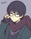  1boy adjusting_glasses bespectacled black_hair blue_background fingerless_gloves funikurikurara glasses glasses_day gloves green_eyes kyoukai_no_kanata male_focus nase_hiroomi scarf school_uniform simple_background smile solo upper_body 