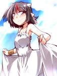  1girl alternate_costume bare_arms bare_shoulders blue_sky blush brown_hair clouds dress hemogurobin_a1c horns kijin_seija looking_at_viewer multicolored_hair pink_eyes sky sleeveless sleeveless_dress solo streaked_hair touhou wavy_mouth wedding_dress 