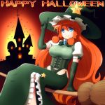  1girl alternate_costume bat blue_eyes braid breasts broom broom_riding castle corset elbow_gloves gloves green_gloves green_panties halloween halloween_costume hat highres hong_meiling large_breasts long_hair panties puffy_short_sleeves puffy_sleeves redhead shirosato shirt short_sleeves sidesaddle skirt smile solo star touhou twin_braids underwear very_long_hair vest witch_hat 