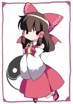  1girl ascot black_eyes blush_stickers bow brown_hair chibi commentary_request detached_sleeves hair_bow hair_tubes hakurei_reimu hammer_(sunset_beach) hands_in_sleeves side_glance skirt solo touhou wide_sleeves yin_yang 