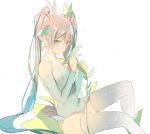  1girl alternate_costume alternate_hairstyle bare_shoulders brown_eyes brown_hair flower hair_flower hair_ornament hatsune_miku holding long_hair looking_at_viewer lp_(hamasa00) simple_background sitting sketch solo thigh-highs twintails very_long_hair vocaloid 