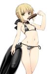  1girl bare_shoulders bikini black_bikini blonde_hair bow breasts eating fate/stay_night fate_(series) hair_bow innertube jpeg_artifacts namonashi navel open_mouth popsicle saber saber_alter shiny shiny_clothes shiny_hair short_hair side-tie_bikini simple_background solo swimsuit white_background yellow_eyes 