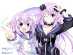  2girls adult_neptune character_name commentary_request d-pad hair_ornament hooded_track_jacket long_hair looking_at_viewer multiple_girls neptune_(choujigen_game_neptune) neptune_(series) one_eye_closed purple_hair shin_jigen_game_neptune_vii smile v violet_eyes 
