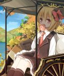  1girl black_dress blonde_hair blue_sky candy carriage clouds dress hair_ribbon lollipop long_sleeves looking_at_viewer necktie red_eyes ribbon rumia shirt sitting sky solo touhou yuuhagi_(amaretto-no-natsu) 