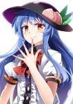  1girl blue_hair bow doyagao e.o. finger_to_mouth fingernails food fruit hat hinanawi_tenshi lips long_hair looking_at_viewer peach puffy_short_sleeves puffy_sleeves red_eyes short_sleeves simple_background smirk smug solo touhou upper_body very_long_hair white_background 
