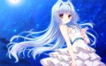 1girl :o blue_hair brown_eyes chuunibyou_na_kanojo_no_love_equation dress frilled_dress frills from_side game_cg hair_intakes hair_ornament hoshino_spica long_hair looking_at_viewer moon night sky solo star_(sky) star_hair_ornament starry_sky stuffed_toy very_long_hair white_dress wind yukie_(peach_candy) 