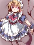  1girl ascot blonde_hair breasts collared_shirt dress hemogurobin_a1c looking_at_viewer maid maid_headdress mugetsu necktie pantyhose pointy_ears puffy_short_sleeves puffy_sleeves red_eyes sash shirt short_hair short_sleeves smile solo touhou touhou_(pc-98) wrist_cuffs 