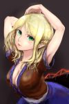  1girl absurdres arms_up blonde_hair braid breasts center_opening cleavage gradient green_eyes highres iizuka_hiro large_breasts looking_at_viewer mizuhashi_parsee parted_lips pointy_ears shirt short_hair short_sleeves simple_background skirt solo touhou upper_body 