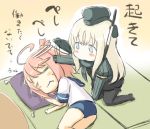  2girls =_= ahoge blonde_hair blue_eyes chibi commentary engiyoshi garrison_cap gloves hair_ornament hat i-58_(kantai_collection) kantai_collection long_hair lying military military_uniform multiple_girls on_side patting patting_head pillow pink_hair sailor short_hair sweat swimsuit translated u-511_(kantai_collection) uniform 