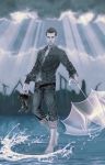  1boy black_hair boots boots_removed chihiro3310 clouds cloudy_sky el_shaddai holding_umbrella light lucifel_(el_shaddai) male_focus pale_skin ripples sky solo standing standing_on_water umbrella 