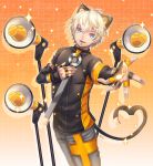  1boy :3 animal_ears blonde_hair blue_eyes cowboy_shot detached_sleeves fake_animal_ears fake_tail fingerless_gloves genderswap gloves hand_on_own_chest heart heart_tail jewelry male_focus megaphone musical_note orange_background outstretched_arm ring seeu solo sparkle sw_(shinwe35) tail vocaloid zeeu 