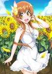  1girl adjusting_hair blue_sky blush brown_eyes brown_hair casual cla_(torinabe) clouds dress field flower flower_field hair_flower hair_ornament key_necklace long_hair looking_at_viewer nisekoi open_mouth outdoors petals sidelocks sky sleeveless solo sunflower tachibana_marika white_dress wind 
