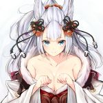  1girl animal_ears bangs bare_shoulders blue_eyes breasts cleavage clenched_hand fur_trim granblue_fantasy hair_ornament highres large_breasts long_hair looking_at_viewer oyu_(sijimisizimi) smile socie_(granblue_fantasy) solo white_hair wide_sleeves 