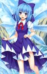  1girl blue_dress blue_eyes blue_hair blue_sky blush bow cirno clouds dress hair_bow highres ice ice_wings kitou_kaitai looking_at_viewer open_mouth puffy_short_sleeves puffy_sleeves shirt short_sleeves sky smile solo touhou wings 