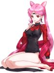  1girl bare_legs bishoujo_senshi_sailor_moon black_lady chibi_usa covered_navel double_bun dress earrings high_heels jewelry kfr long_hair pink_hair red_eyes side_slit simple_background sitting smile solo tagme twintails very_long_hair wariza white_background 