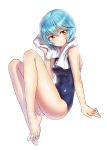  1girl arm_support ayanami_rei bangs barefoot blue_hair feet full_body kws looking_to_the_side name_tag neon_genesis_evangelion partially_submerged red_eyes school_swimsuit short_hair sitting solo swimsuit towel water white_background 