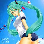  1girl 2015 adjusting_buruma adjusting_clothes artist_name ass buruma dated flags_of_all_nations green_eyes green_hair gym_uniform hatsune_miku long_hair looking_at_viewer runasion signature solo twintails very_long_hair vocaloid 