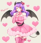  1girl avarita_(otoca_doll) bat_wings black_bow bow breast_rest breasts character_name cowboy_shot demon_tail detached_collar earrings finger_to_mouth hairband heart heart_earrings horn_bow horns jewelry nail_polish one_eye_closed otoca_doll pink_bow pink_legwear pink_skirt purple_hair red_eyes red_nails short_hair skirt solo soumendaze standing tail thigh-highs white_background wings 