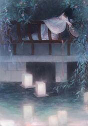  1girl arm_support black_hair chinese_clothes closed_eyes eyelashes flower highres lantern long_hair lying mole mole_under_eye moss_(2225028) original pale_skin paper_lantern rain sleeping solo water 