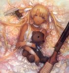  1girl bangs blonde_hair blue_eyes blue_ribbon dark_skin dress flower frilled_dress frills gun gunslinger_girl handgun long_hair looking_at_viewer lying on_back pistol ribbon rose shotgun sig_sauer sig_sauer_p230 solo stuffed_animal stuffed_toy teddy_bear triela twintails uirou very_long_hair weapon white_dress white_ribbon winchester_model_1897 wrist_cuffs 