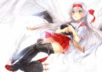  1girl ankle_wings asymmetrical_footwear asymmetrical_legwear bangs black_legwear black_wings boots bow feather_skirt feathered_wings feathers full_body headband holding kantai_collection long_hair looking_at_viewer multicolored_wings muneate no_shoes pleated_skirt red_bow red_ribbon red_skirt ribbon ribbon-trimmed_skirt sakuyosi shoukaku_(kantai_collection) silver_hair skirt solo tasuki tears thigh-highs thigh_boots transparent very_long_hair white_background white_hair wings 
