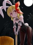  1girl animal_ears bent_over blonde_hair blush brown_legwear bunny_tail bunnysuit detached_collar full_moon gloves hair_ornament hair_ribbon kemonomimi_mode looking_at_viewer moon night night_sky pantyhose qbthgry rabbit_ears red_eyes ribbon rumia short_hair sky solo tail touhou white_gloves 