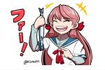  1girl akashi_(kantai_collection) bangs bow closed_eyes commentary_request fish hair_bow kantai_collection kei-suwabe long_hair pink_hair pointing short_twintails smile solo translation_request twintails twitter_username 