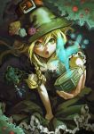  1girl adapted_costume alternate_costume black_dress blonde_hair blush braid dress hair_ornament hare_(yamihuji) hat kirisame_marisa mini-hakkero mushroom open_mouth puffy_sleeves short_sleeves side_braid single_braid solo touhou witch_hat yellow_eyes 