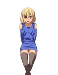  1girl :d black_legwear blonde_hair blue_dress blush commentary_request crossed_legs dress hair_between_eyes honeyyun korean looking_at_viewer open_mouth red_eyes short_hair simple_background smile solo thigh-highs white_background zettai_ryouiki 