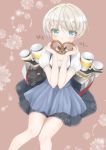  1girl alcohol beer beer_mug blue_eyes cat dress himawarino-tane kantai_collection pretzel short_hair silver_hair solo unsinkable_sam z1_leberecht_maass_(kantai_collection) 